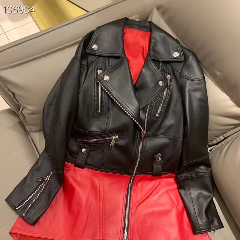 Women's Coat Spring Red Dress Design 2021 New Fashion Genuine Leather Jacket Joining Together Turn-Down Collar Overcoat | Женская