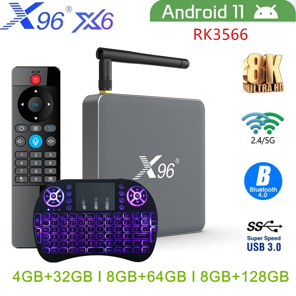 

X96 X6 Android 11 TV Box 8GB RAM 128GB ROM RK3566 8K HD 2T2R MIMO 2.4G/5G WiFi 1000M 4GB 32GB BT Voice Smart TV Box Media Player