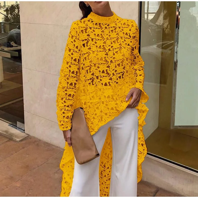 Women Lace Hollow Out Shirts Long Sleeve Irregular Stand Collar Female Loose Blouses 2021 Summer Lady Elegant Solid Beach Tops
Women Lace Hollow Out Shirts Long Sleeve Irregular Stand Collar Female Loose Blouses 2021 Summer Lady Elegant Solid Beach Tops