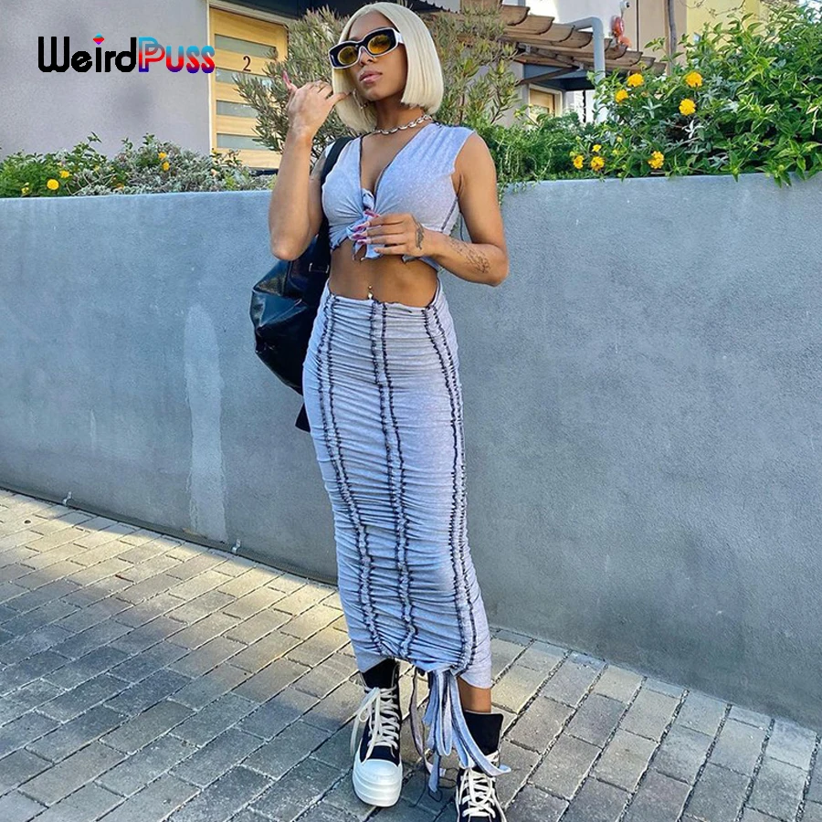 Weird Puss Shirring Casual Two Piece Shorts Sets Lace Up Tank Top+Ruched Long Skirt Fitness Striped Matching Suits Streetwear
Weird Puss Shirring Casual Two Piece Shorts Sets Lace Up Tank Top+Ruched Long Skirt Fitness Striped Matching Suits Streetwear
