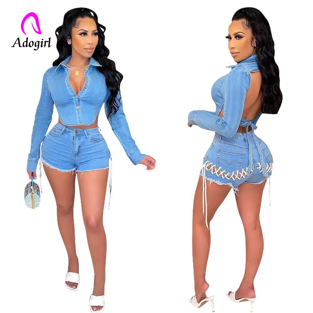 Denim Women 2 Piece Set Long Sleeve Button Up Shirts + Bandage High Waist Short Jeans Matching Set Sexy Backless Club Activewear
Denim Women 2 Piece Set Long Sleeve Button Up Shirts + Bandage High Waist Short Jeans Matching Set Sexy Backless Club Activewear