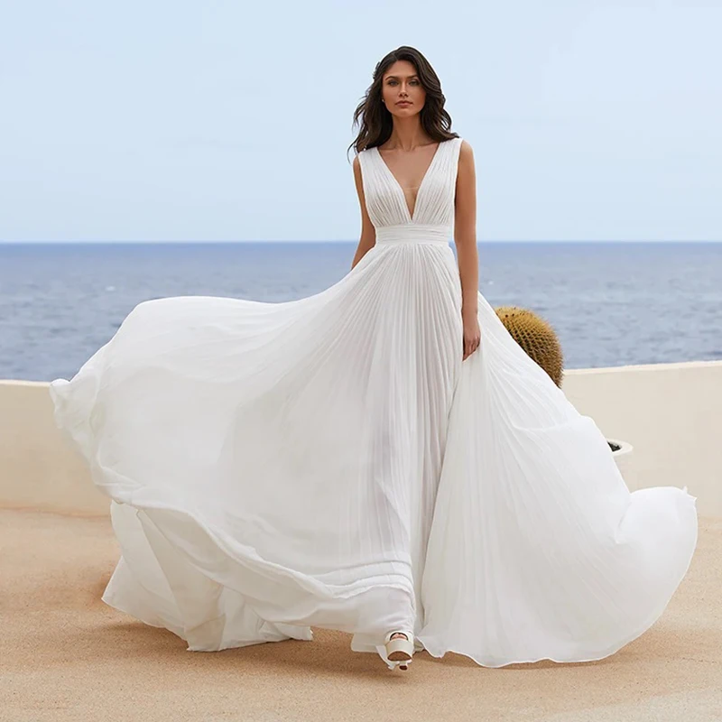 On Sale Boho Beach Chiffon Bridal Wedding Dresses Sleeveless V Neckline Pleating Skirt Wedding Gowns for Bride Back Out 2021
On Sale Boho Beach Chiffon Bridal Wedding Dresses Sleeveless V Neckline Pleating Skirt Wedding Gowns for Bride Back Out 2021