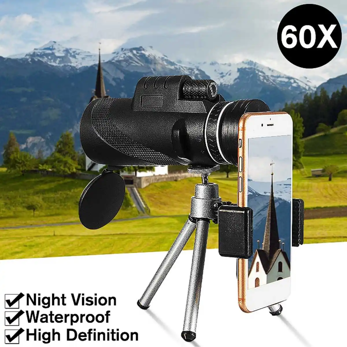 40x60 Zoom Waterproof Night Vision Telephoto Lens HD Monocular Telescope with Tripod Universal for Android Smartphone Mobile
40x60 Zoom Waterproof Night Vision Telephoto Lens HD Monocular Telescope with Tripod Universal for Android Smartphone Mobile