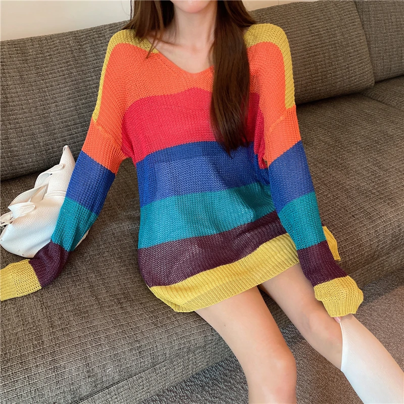 Oversized Sweater 2021 Autumn Korean V-neck Loose Thin Rainbow Stripe Long Sleeve Hollow out Pullover harajuku Sweater 647F
Oversized Sweater 2021 Autumn Korean V-neck Loose Thin Rainbow Stripe Long Sleeve Hollow out Pullover harajuku Sweater 647F
