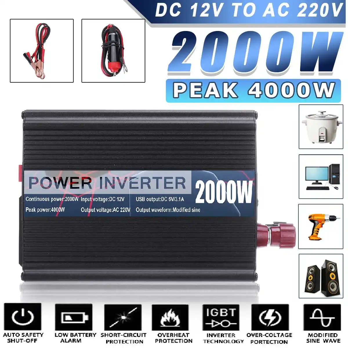 Двойной USB 4000W Макс DC 12V к переменному току 220V автомобильный Мощность инвертор