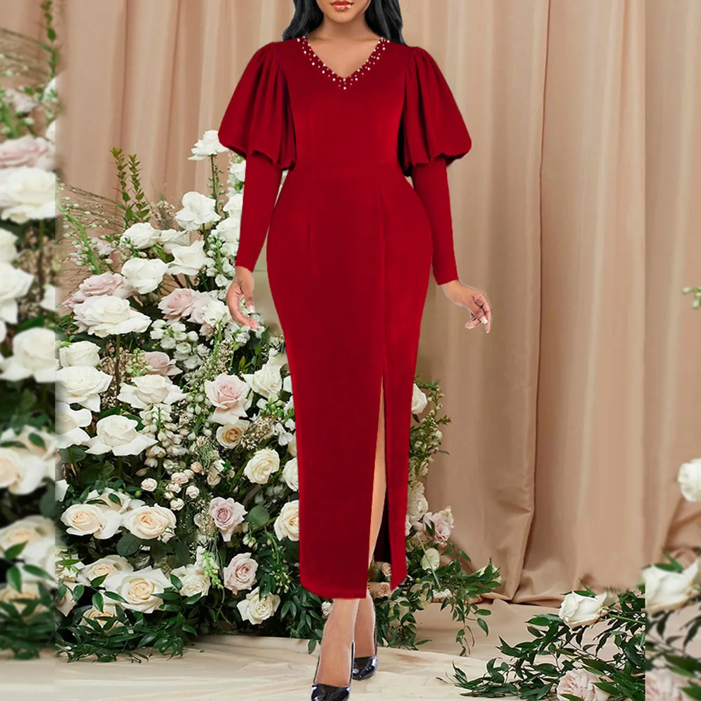 Red Women's Dress V-Neck Bead Long Sleeve Pleated Pullover Split Fashion Bodycon Sexy Ladies Party Dress Spring Summer Female
Red Women's Dress V-Neck Bead Long Sleeve Pleated Pullover Split Fashion Bodycon Sexy Ladies Party Dress Spring Summer Female