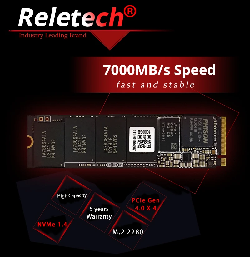 Reletech ssd m2 nvme PCIE4.0 M.2 1 ТБ 2 Чтение до 7000 МБ / с. Твердотельный накопитель 2280 Жесткий