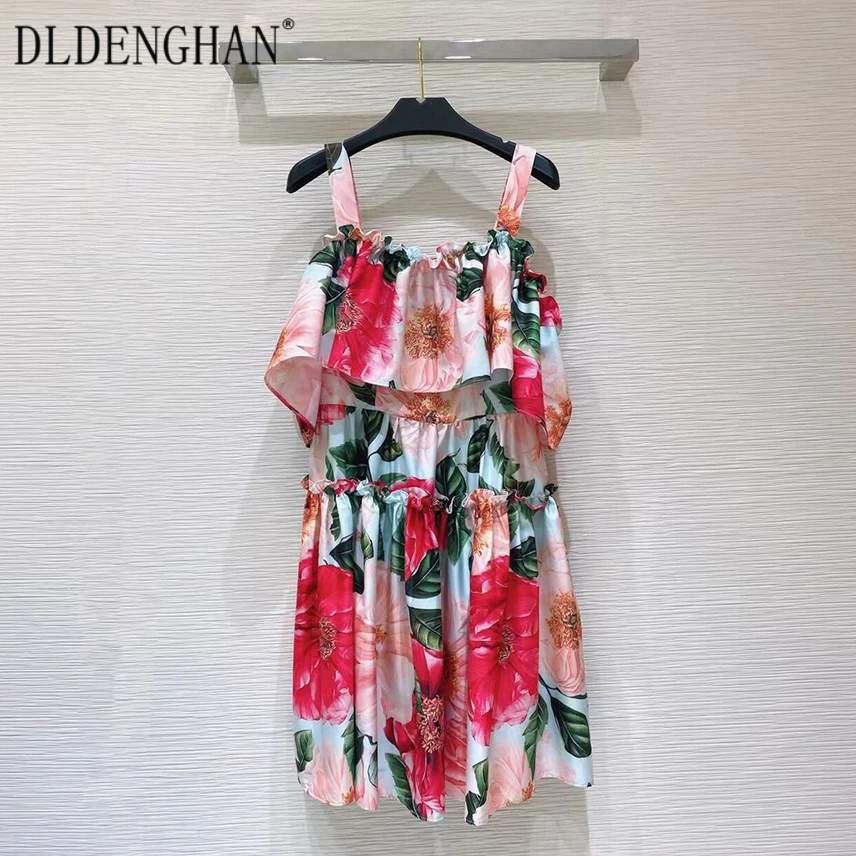 

DLDENGHAN Fashion Designer Summer Flower Print Dress Women Slash neck Ruffles Sexy Off Shoulder Vacation Dresses