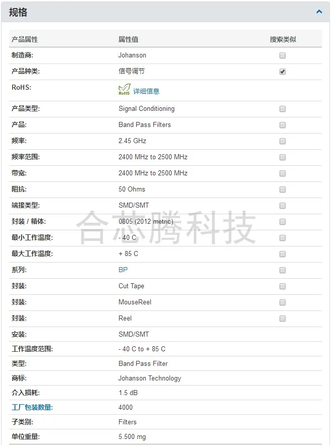 Johanson 2450BP15E0100E ceramic antenna band pass filter 2.4GHz original authentic 
Johanson 2450BP15E0100E ceramic antenna band pass filter 2.4GHz original authentic