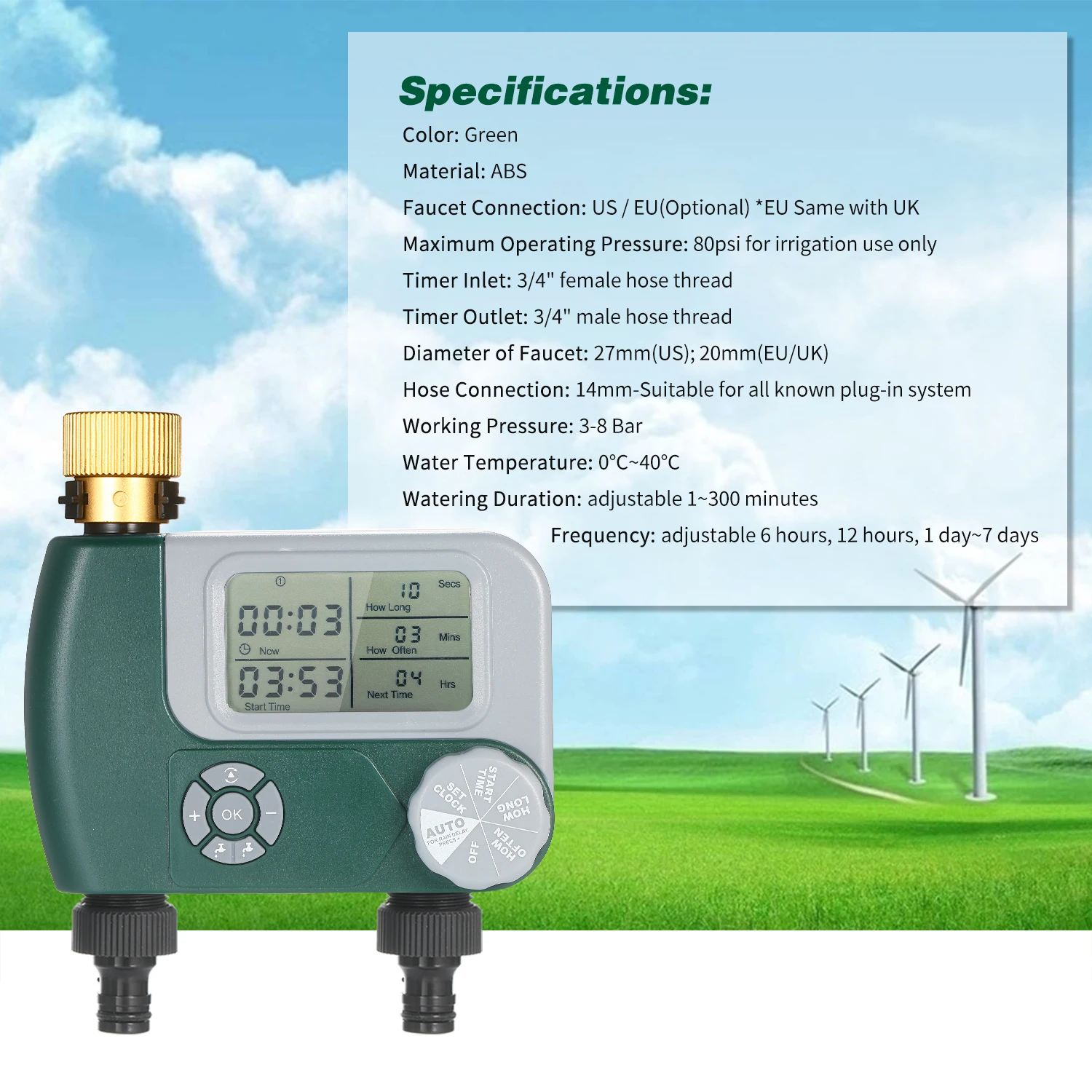 Programmable Digital Hose Faucet Timer Battery Operated Automatic Watering Sprinkler System Irrigation Controller with 2 Outlet
Programmable Digital Hose Faucet Timer Battery Operated Automatic Watering Sprinkler System Irrigation Controller with 2 Outlet