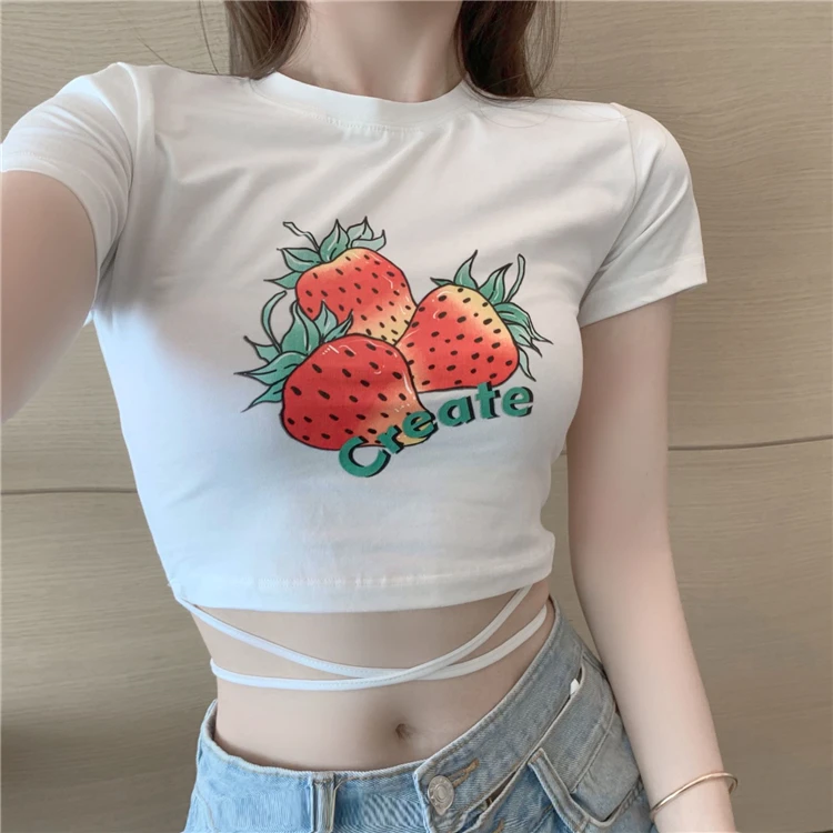 YTX959 Women's 2021 new design sexy waist strap slim fit strawberry print irregular short T-shirt
YTX959 Women's 2021 new design sexy waist strap slim fit strawberry print irregular short T-shirt