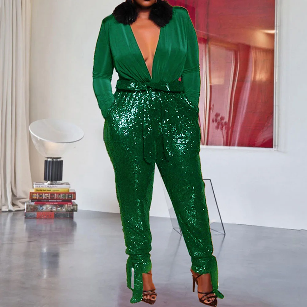 Deep V Neck Sexy Sequins Jumpsuit Women Office Ladies Spring 2020 Party Jumpsuits Patchwork Pencil Pants Rompers Plus Size 5XL
Deep V Neck Sexy Sequins Jumpsuit Women Office Ladies Spring 2020 Party Jumpsuits Patchwork Pencil Pants Rompers Plus Size 5XL