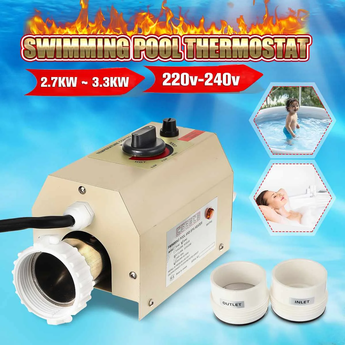 3.3KW Electric Pool Heater Water Swimming Pool SPA Hot Tub Bath Heater Thermostat Heating for Hot Bath Outdoor SPA 220V-240V
3.3KW Electric Pool Heater Water Swimming Pool SPA Hot Tub Bath Heater Thermostat Heating for Hot Bath Outdoor SPA 220V-240V