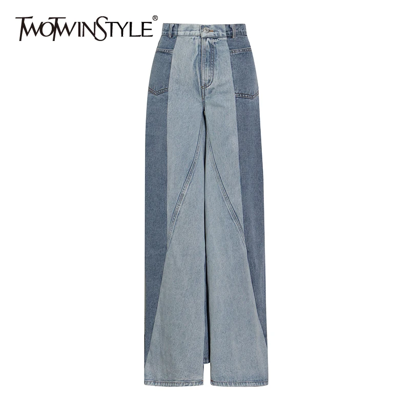 TWOTWINSTYLE Blue Jeans For Women High Waist Loose Patchwork Hit Color Casual Wide Leg Denim Pants Female 2021 Spring Clothing
TWOTWINSTYLE Blue Jeans For Women High Waist Loose Patchwork Hit Color Casual Wide Leg Denim Pants Female 2021 Spring Clothing