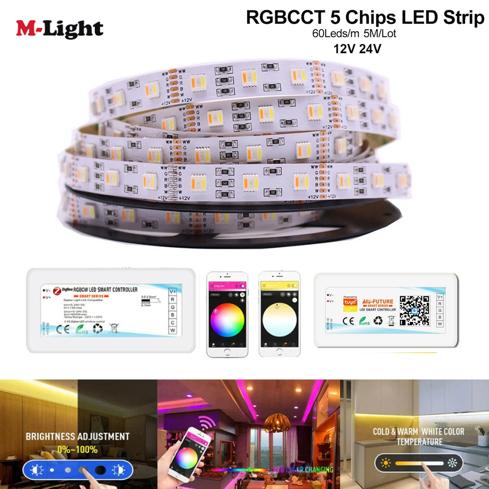 

12 мм PCB RGBCCT Светодиодные ленты 5050 DC12V/ 24V Гибкий Светильник RGB + CW + WW 5In1 светодиодный чип 60 светодиодов/m Водонепроницаемый ZIGBEE/Tuya контроллер
