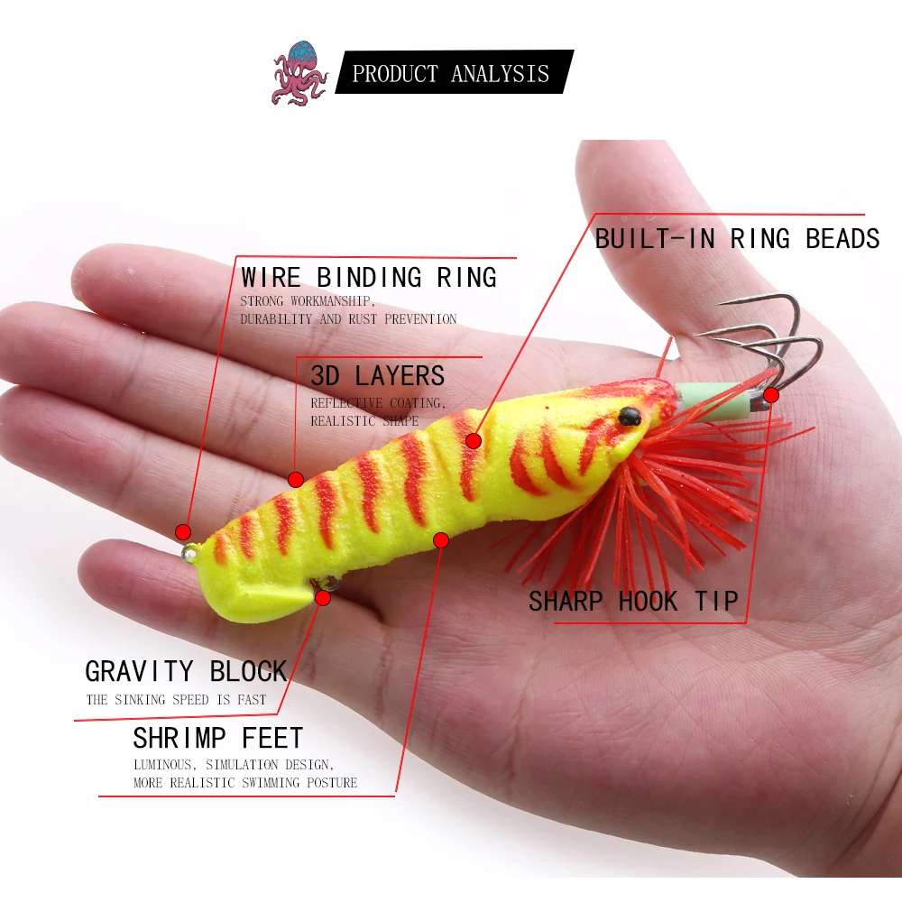 90mm/21g Luminous Squid Hook Wood Shrimp Lures with sound Soft Foot Jigs Lifelike Simulation Octopus Bait Fishing Tackle
90mm/21g Luminous Squid Hook Wood Shrimp Lures with sound Soft Foot Jigs Lifelike Simulation Octopus Bait Fishing Tackle