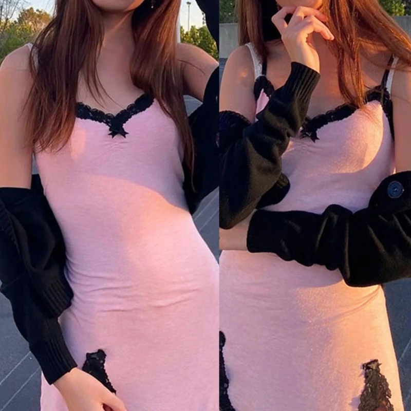 Women Sexy Spaghetti Strap Pink Bodycon Mini Dress V-Neck Black Lace Trim Patchwork Split Hem Harajuku Party Clubwear
Women Sexy Spaghetti Strap Pink Bodycon Mini Dress V-Neck Black Lace Trim Patchwork Split Hem Harajuku Party Clubwear
