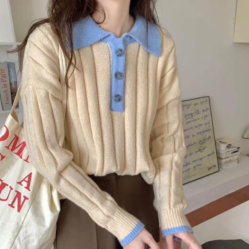 Vintage Turn-down Collar Long Sleeve Women Knitted Sweater Casual Patchwork Button Pullover Autumn Winter Korean Female Jumper
Vintage Turn-down Collar Long Sleeve Women Knitted Sweater Casual Patchwork Button Pullover Autumn Winter Korean Female Jumper