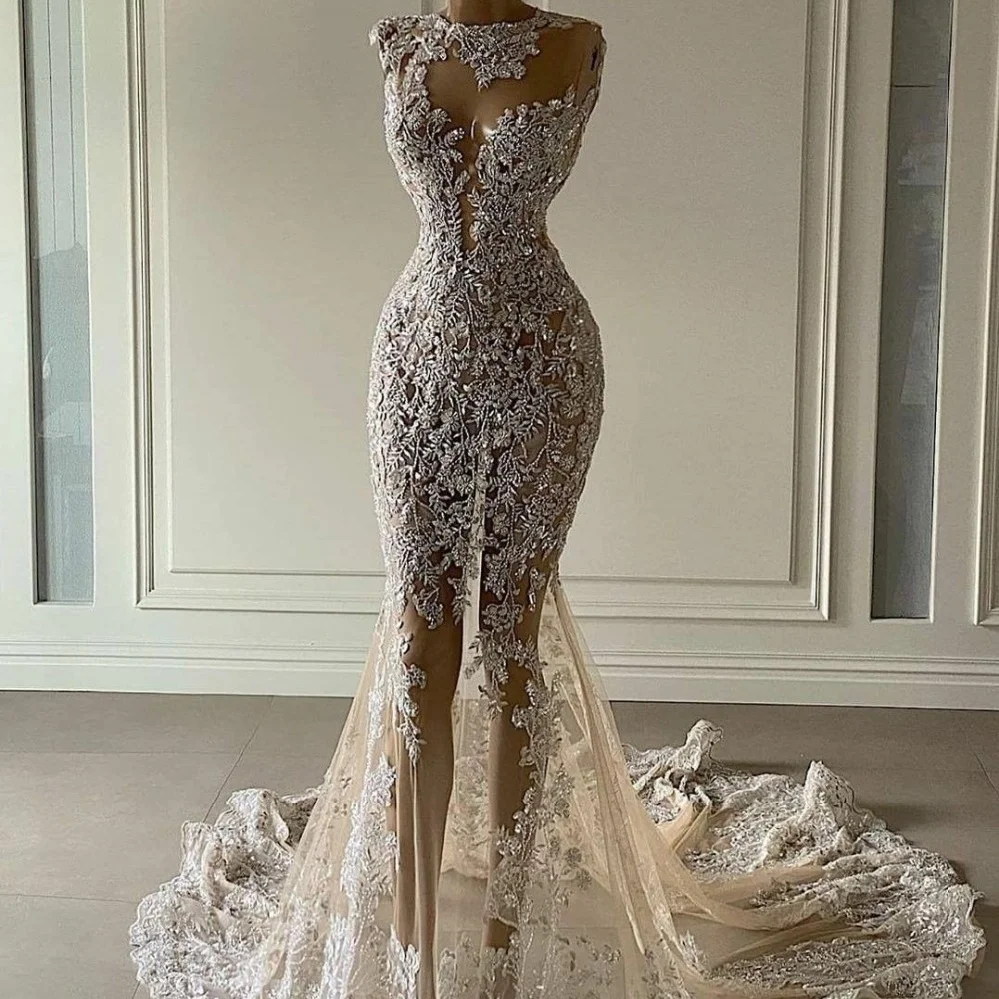 

2021 Exquisite Crystal Mermaid Wedding Dress See Through Lace Appliqued Bride Dresses Luxurious Sequined Dubai vestido de novia