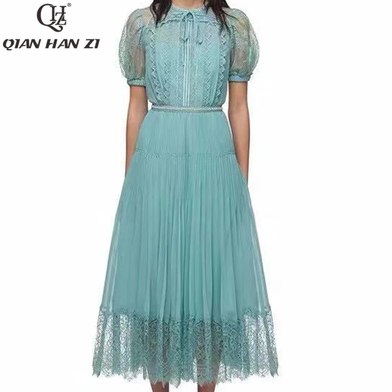 Qian Han Zi summer fashion lace dress Women short sleeves vintage Slim elegant lace applique crystal belt Pleated midi dress
Qian Han Zi summer fashion lace dress Women short sleeves vintage Slim elegant lace applique crystal belt Pleated midi dress