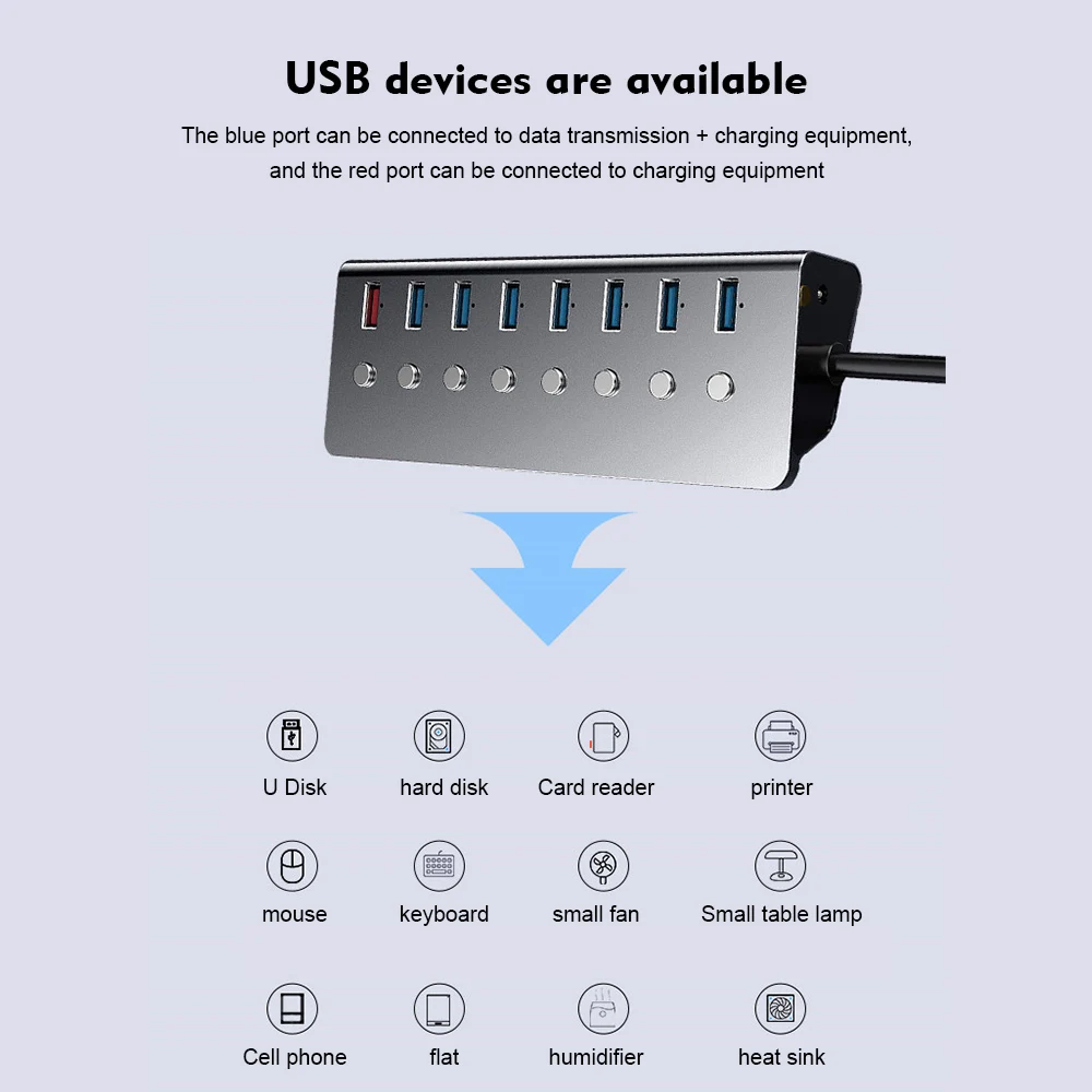 USB3.0 Hub Aluminum Alloy 5V 3A Splitter 1 Port Charging 7 Port Data Transmission US/EU Docking Station Charger Adapter
USB3.0 Hub Aluminum Alloy 5V 3A Splitter 1 Port Charging 7 Port Data Transmission US/EU Docking Station Charger Adapter
