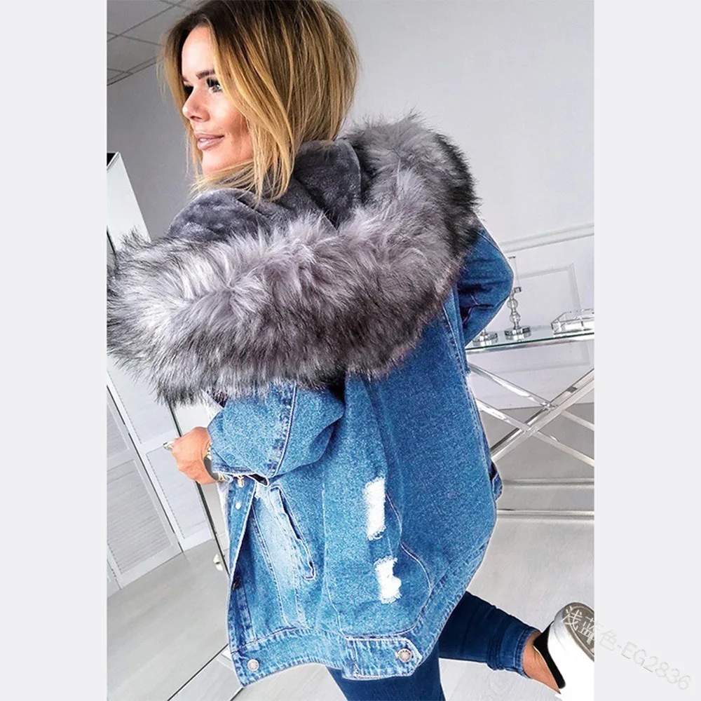 Women Thick Jakcet Warm Mid-Length Ripped Denim Big Fur Collar Cotton Coat Jacket Autumn Winter Pockets Button
Women Thick Jakcet Warm Mid-Length Ripped Denim Big Fur Collar Cotton Coat Jacket Autumn Winter Pockets Button