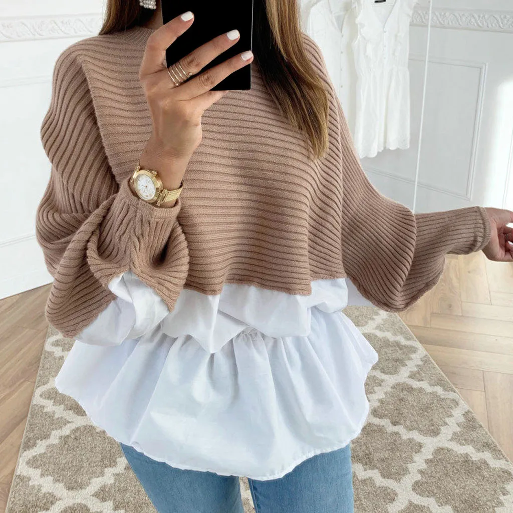 Winter Fashion Ruffled knitted Jumper Sweater Patchwork Loose Shirt Casual Streetwear Female Womens Long Sleeve Blusas Pullover
Winter Fashion Ruffled knitted Jumper Sweater Patchwork Loose Shirt Casual Streetwear Female Womens Long Sleeve Blusas Pullover