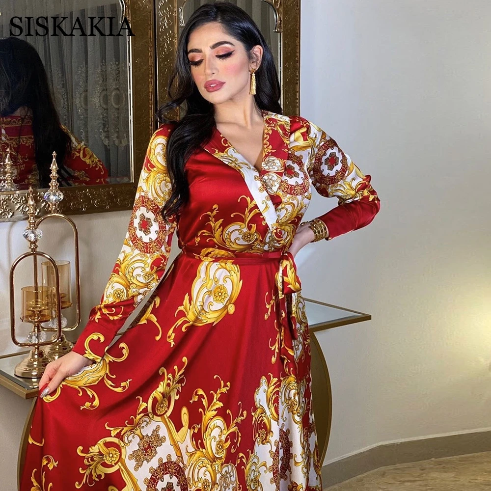

Siskakia Ethnic Print Middle East Arabic Dress for Women Fashion Notched Empire Belted Swing Soft Satin Muslim Party Robe New