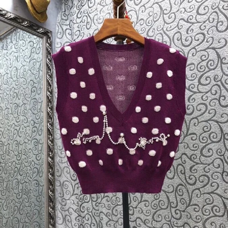 High Quality Vest Sweaters 2021 Autumn Winter Vest Women V-Neck Hand Made Beading Polka Dot Patterns Sleeveless Purple Pullovers
High Quality Vest Sweaters 2021 Autumn Winter Vest Women V-Neck Hand Made Beading Polka Dot Patterns Sleeveless Purple Pullovers