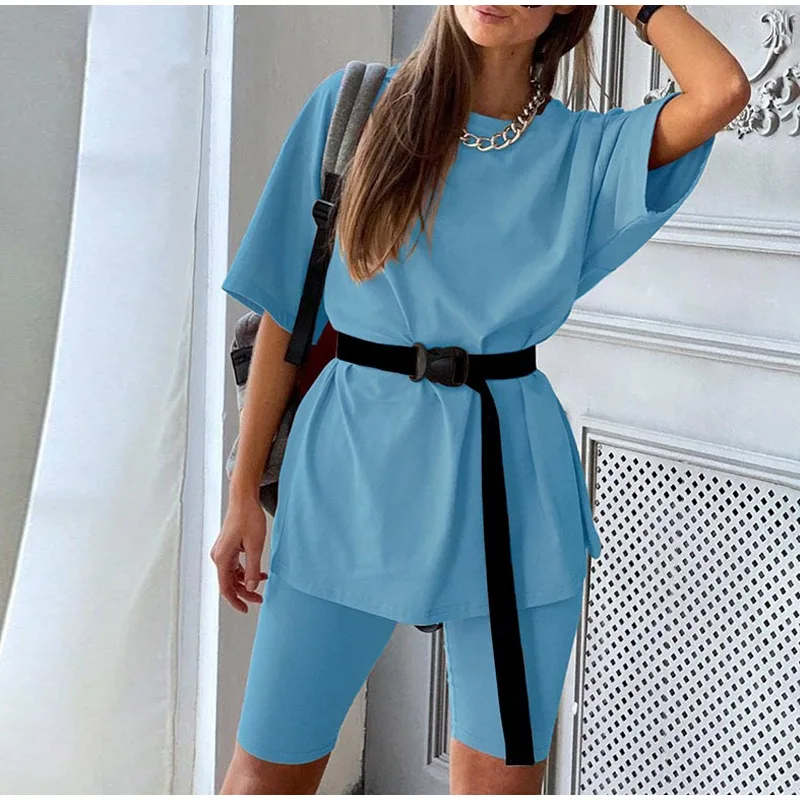 Casual Solid Outfits Women's Two Piece Suit With Belt Home Loose Sports Tracksuits Fashion Shorts Leisure Bicycle Suit Summer
Casual Solid Outfits Women's Two Piece Suit With Belt Home Loose Sports Tracksuits Fashion Shorts Leisure Bicycle Suit Summer