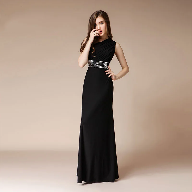 Long Elegant Black Formal Ladies Dress One-shoulder Sleeveless Sexy Party Evening Black Crystal Diamond Dresses Women