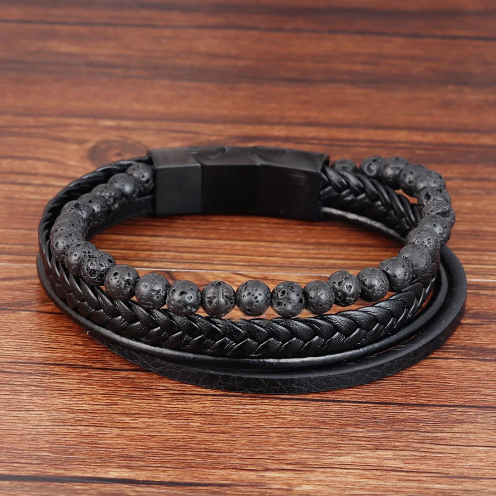 Hot Sale Style Leather Braided Bracelet Natural Lava Volcanic Stone Leather Bracelet Stainless Steel Bracelet Men's Jewelry
Hot Sale Style Leather Braided Bracelet Natural Lava Volcanic Stone Leather Bracelet Stainless Steel Bracelet Men's Jewelry
