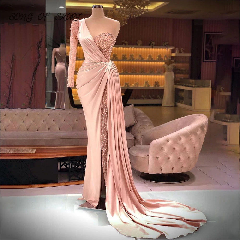 Blush Powder One Shoulder Women Evening Dresses Illusion Long Sleeves Mermaid High Split Ladies Prom Gown Robes De Soirée
Blush Powder One Shoulder Women Evening Dresses Illusion Long Sleeves Mermaid High Split Ladies Prom Gown Robes De Soirée