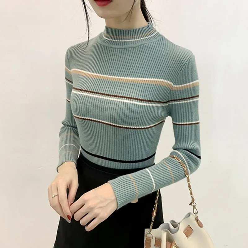 Women Autumn Winter Stripes Print Slim Long Sleeved Half High Collar Slim Bottom Knit Sweater
Women Autumn Winter Stripes Print Slim Long Sleeved Half High Collar Slim Bottom Knit Sweater