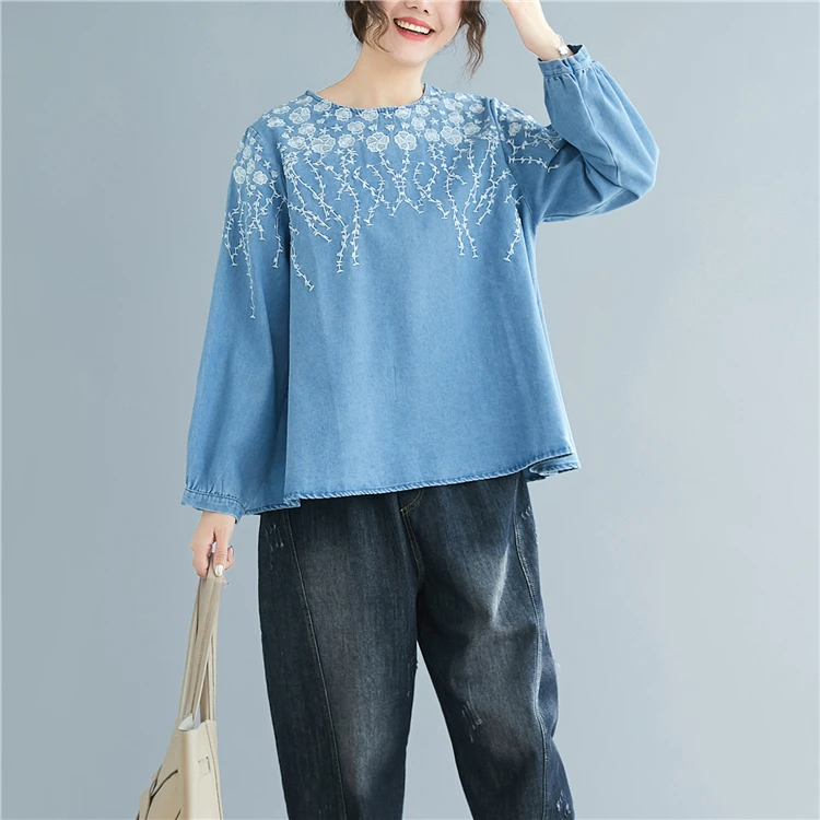 Women Shirts Loose 63 Sets Literary Embroidered Denim Blouse Shirt Light Dark Blue 8785
Women Shirts Loose 63 Sets Literary Embroidered Denim Blouse Shirt Light Dark Blue 8785