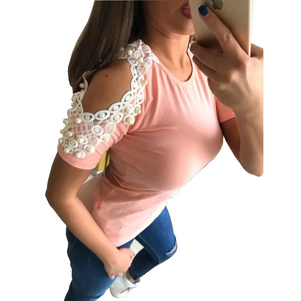 Tshirt Women Summer Bead Lace Stitching Short Sleeve Cutout Round Neck Solid Casual Fashion Womens Tees Lugentolo
Tshirt Women Summer Bead Lace Stitching Short Sleeve Cutout Round Neck Solid Casual Fashion Womens Tees Lugentolo