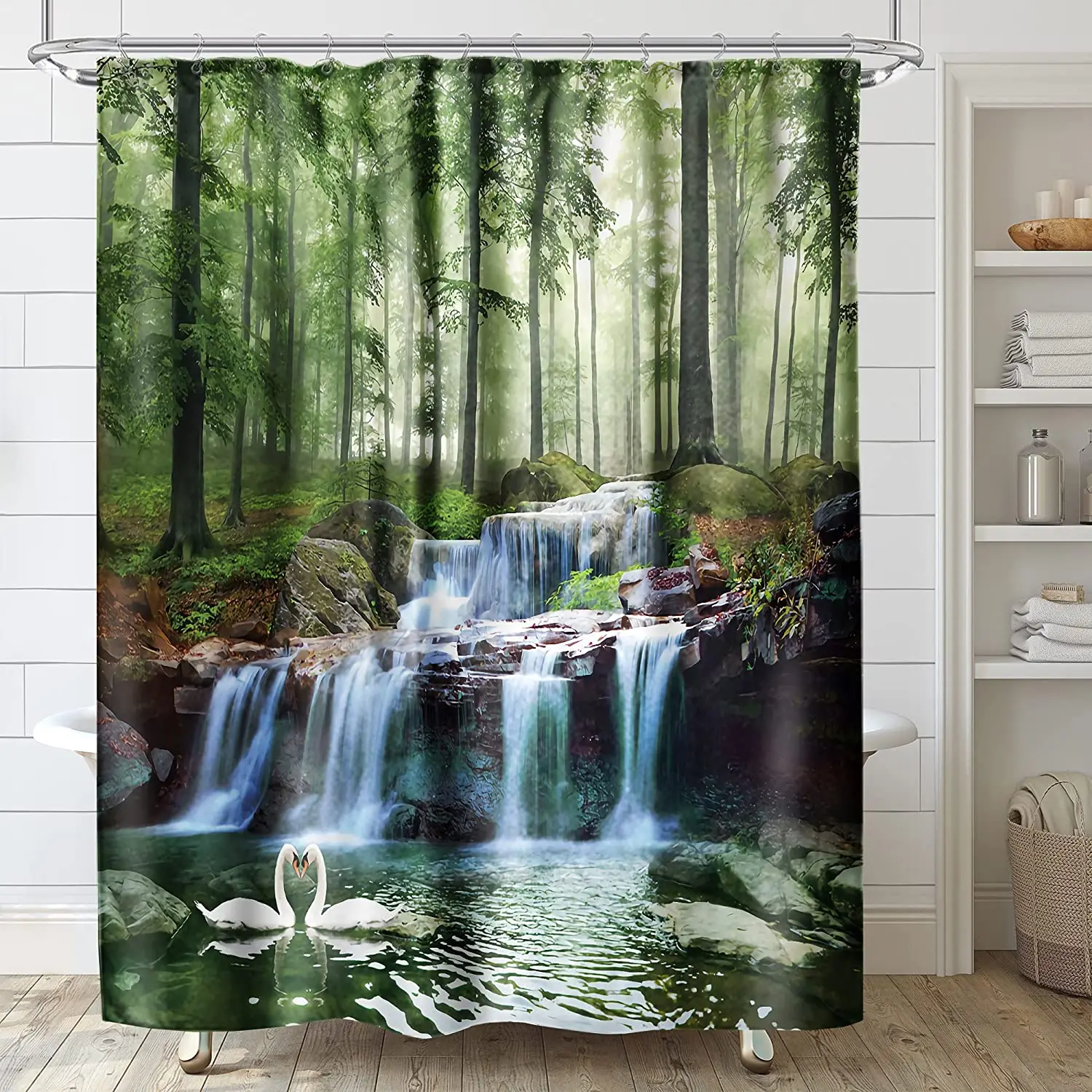 

Scenic Landscape Shower Curtain Waterfall Nature Green Forest Misty Jungle River Tropical Swan Lake Home Bathroom Decor