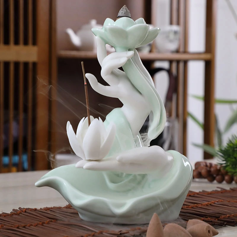 

Backflow Incense Cones Bergamot Lotus Smoke Waterfall Backflow Incense Burner Creative Celadon Incense Holder Home Decor