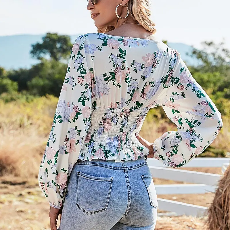 Floral Print Long Sleeve Blouse Women's Square Collar Ruffled Hem Waist Elastic Female Crop Tops 2021 Spring Lady Sweet Blouses 
Floral Print Long Sleeve Blouse Women's Square Collar Ruffled Hem Waist Elastic Female Crop Tops 2021 Spring Lady Sweet Blouses