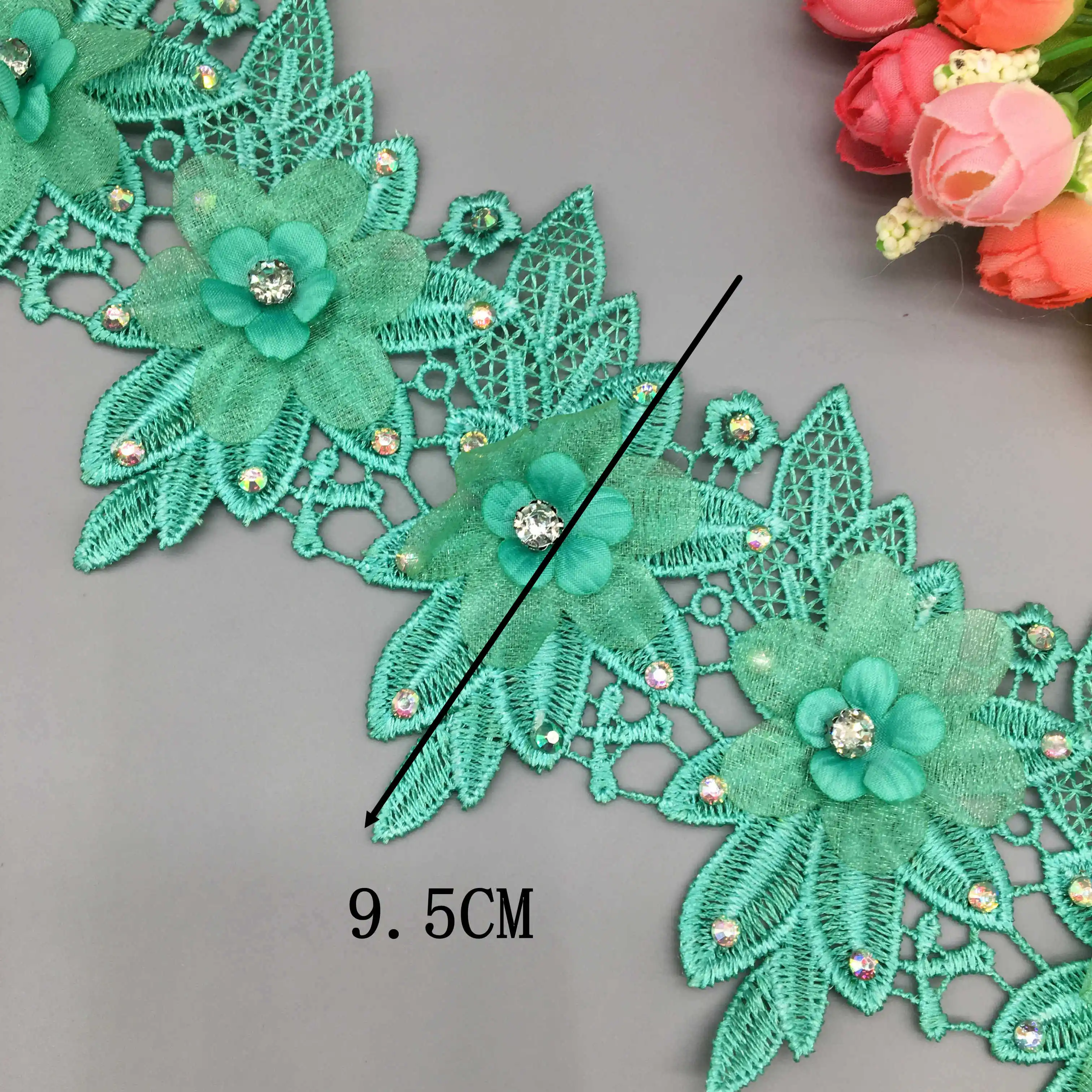 1 ярд темно-зеленый 3D крылья Форма жемчуг стразы цветок кружевная отделка ткань