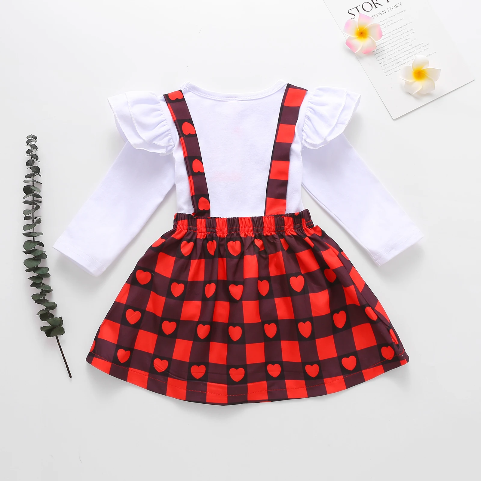 

Infant Kids Baby Girl 6M-4T Clothes Sets Long Sleeve Heart T-shirt Suspender Skirt 2PCS Outfits Valentine's Days