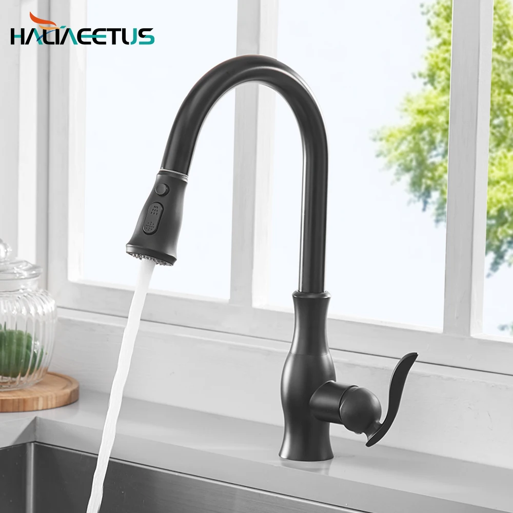 

Brushed Nickel Kitchen Faucet Swivel 360 Degree Pull Out Kitchen Tap Single Hole Handle Sink Hot&Cold Mixer Crane Black Faucets