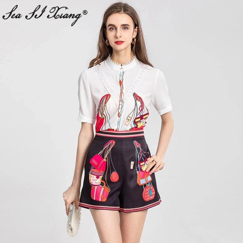 Seasixiang Fashion Designer Summer Set Women Stand Collar Puff Sleeve Tops + Black Shorts Print Two Pieces Suit
Seasixiang Fashion Designer Summer Set Women Stand Collar Puff Sleeve Tops + Black Shorts Print Two Pieces Suit
