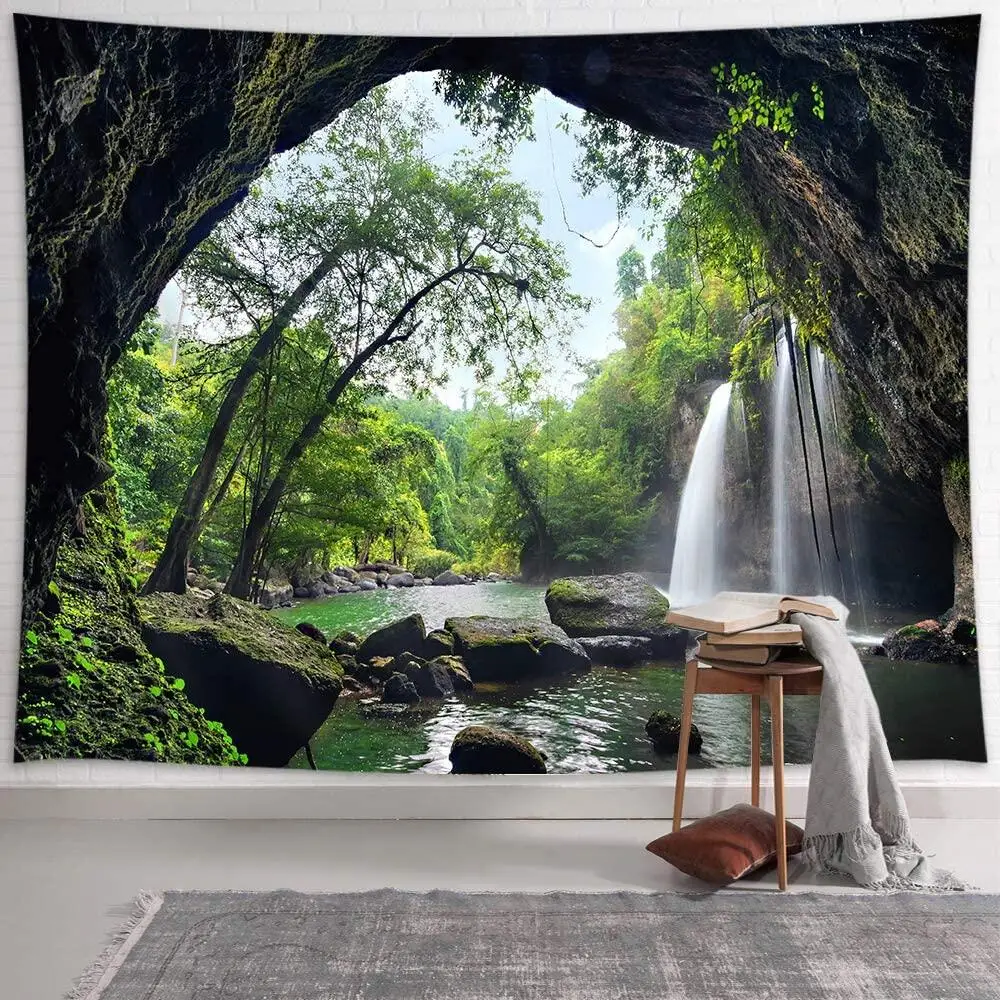 

Waterfall Mountain Cave Tapestry Nature Landscape Green Forest Tapestries Trees Wall Hanging Deocr for Bedroom Living Room Dorm