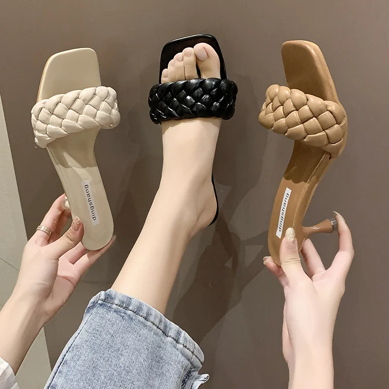 

Luxury Slides Women 6cm High Heels Mules Fetish Pumps Individual Weave Leisure Black Office Ladies Prom Slippers Women's Shoes