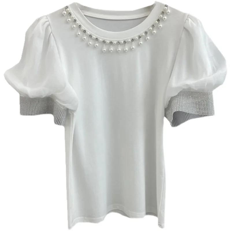 New European Style Beads Rhinestones Round-Neck T-shirt Women's Fashion Elegant Slimming Top Pullover Tshirt White Black
New European Style Beads Rhinestones Round-Neck T-shirt Women's Fashion Elegant Slimming Top Pullover Tshirt White Black