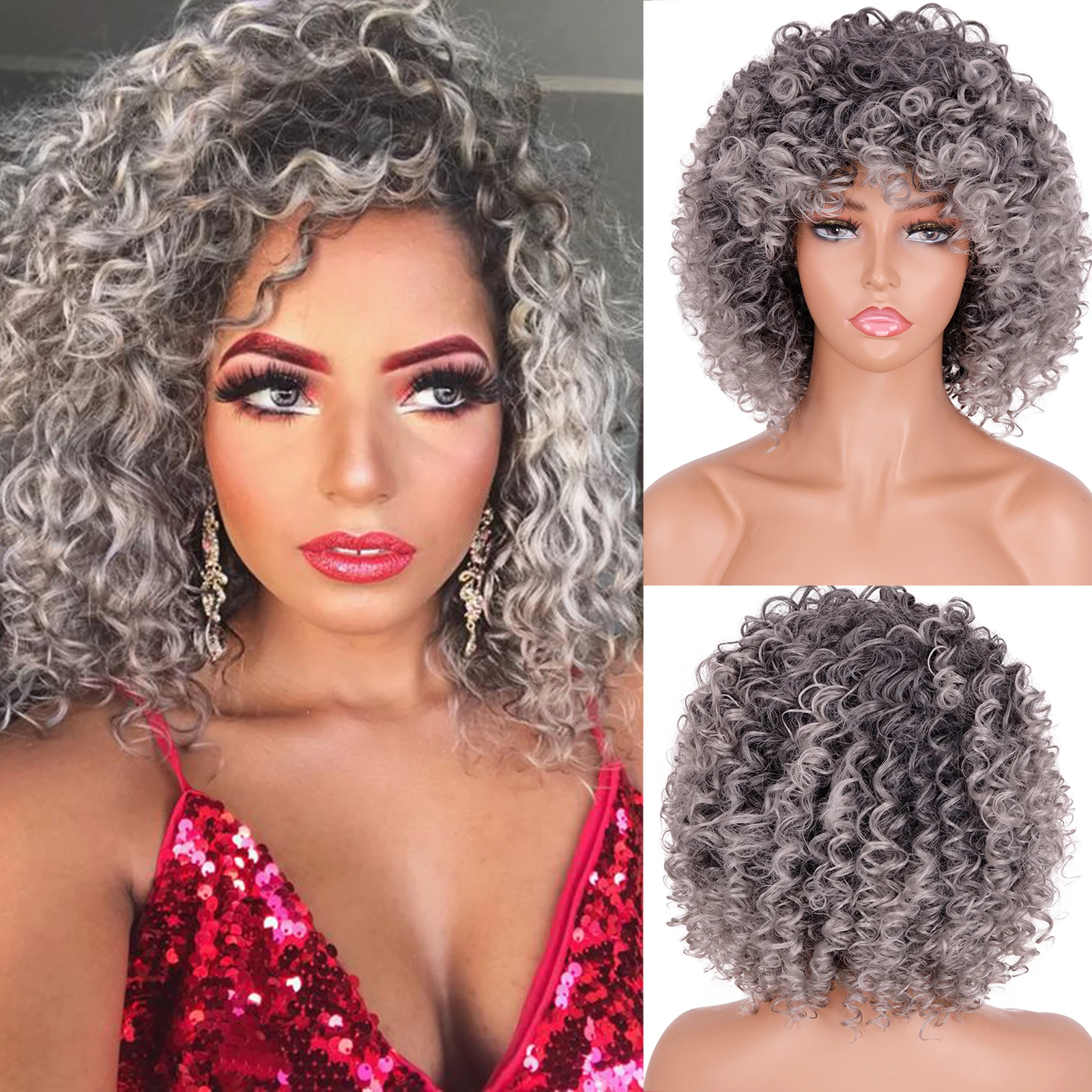 MISS WIG 12 inch Long Curly hair Wig Ombre Black Gray Wig With Bangs Synthetic Fiber Wig Suitable for Black Women
MISS WIG 12 inch Long Curly hair Wig Ombre Black Gray Wig With Bangs Synthetic Fiber Wig Suitable for Black Women