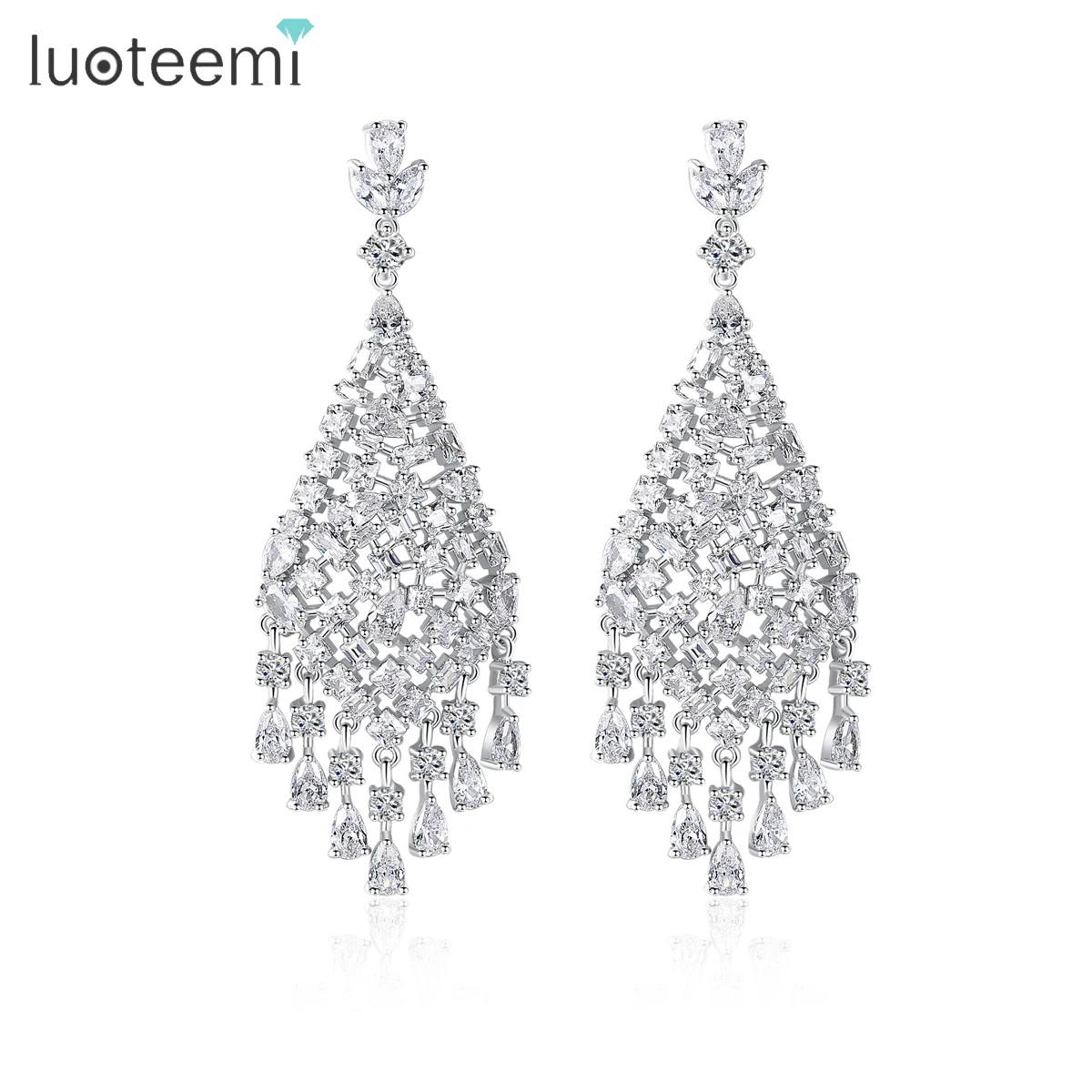 

LUOTEEMI 2021 New Geometric Cubic Zirconia Paved Teardrop Tassel Dangle Earrings For Women Wedding Jewelry Gift Drop Earrings