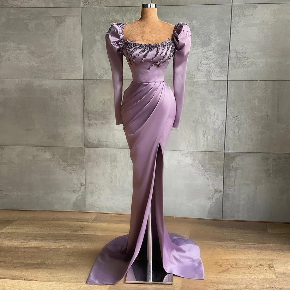 Lavender Evening Dresses Square Neck Puff Sleeves Beading Pearls Mermaid Prom Dress Pleat Sweep Train Slit Formal Gowns 
Lavender Evening Dresses Square Neck Puff Sleeves Beading Pearls Mermaid Prom Dress Pleat Sweep Train Slit Formal Gowns