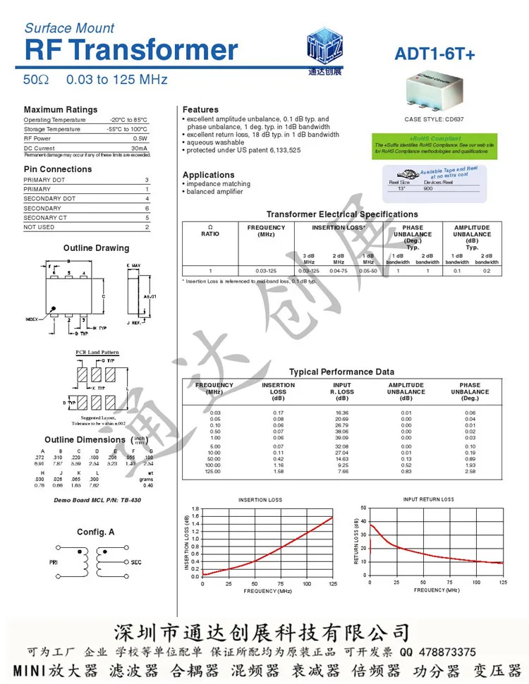 Радиочастотный трансформатор Adt1-6t 0 03-125mhz Mini Circuits Original 1pcs | Электронные компоненты